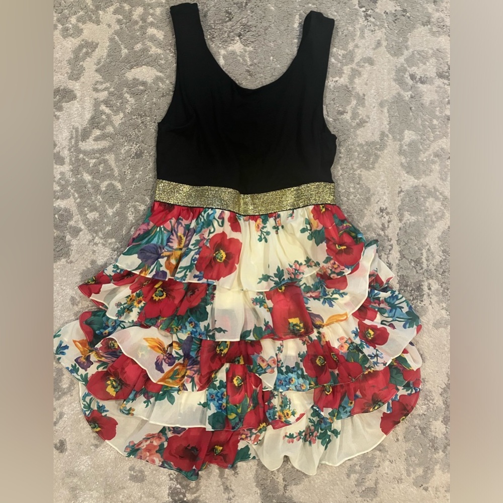Floral Ruffle Dress with Gold Accent Bling-M